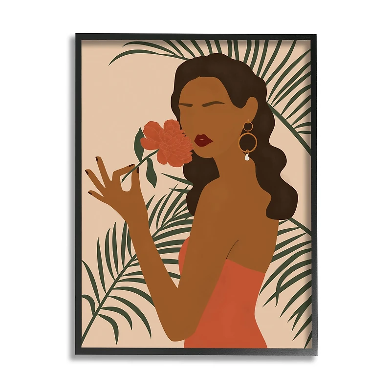 Stupell Industries Woman With Red Floral over Green Palm Leaves in Frame Wall Art