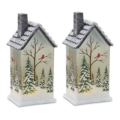 9" Frosted Glass Home with Cardinals LED Tabletop Town Décor Set