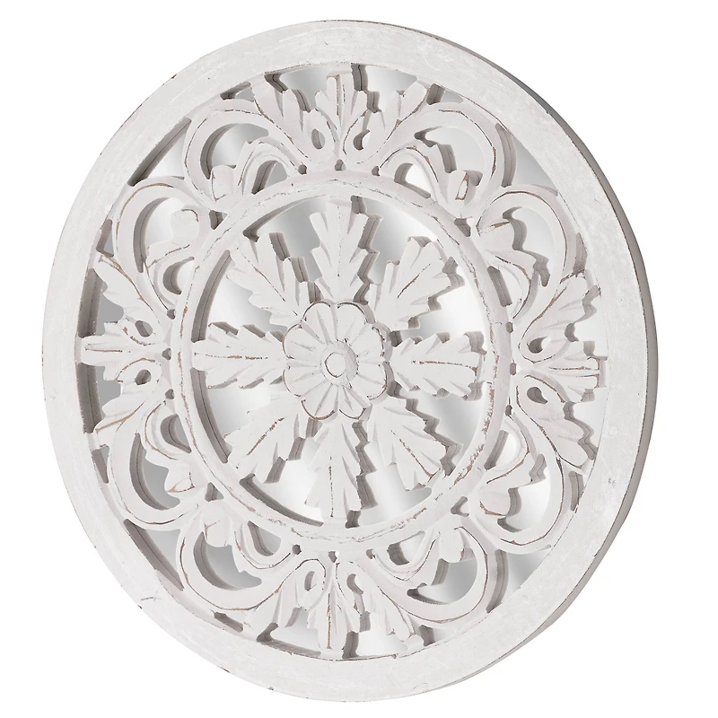 American Art Décor™ 16" Distressed Reflective Hand-Carved White Wood Wall Accent Medallion
