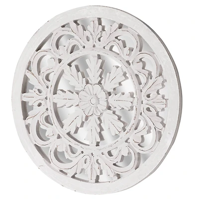 American Art Décor™ 16" Distressed Reflective Hand-Carved White Wood Wall Accent Medallion