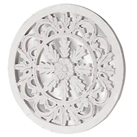 American Art Décor™ 16" Distressed Reflective Hand-Carved White Wood Wall Accent Medallion