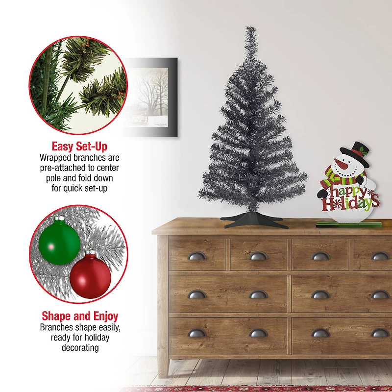 3ft. Unlit Black Tinsel Artificial Christmas Tree