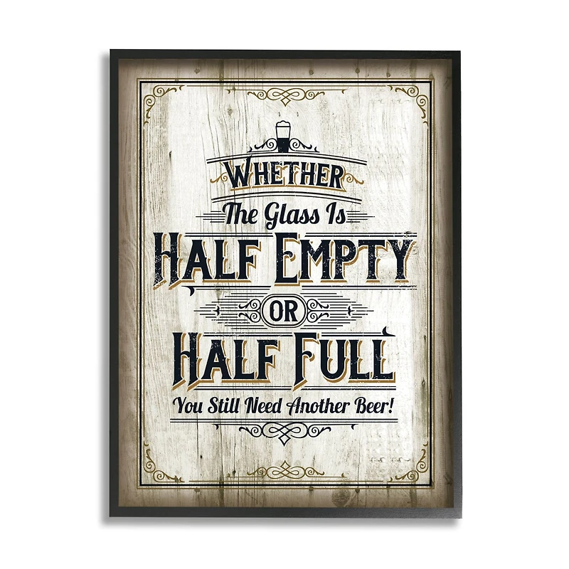 Stupell Industries Half Empty Beer Sign Bar Room Word Design Framed Wall Art