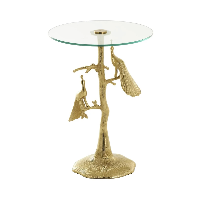 22.25" Gold Aluminum Peacock Textured Accent Table with Glass Tabletop