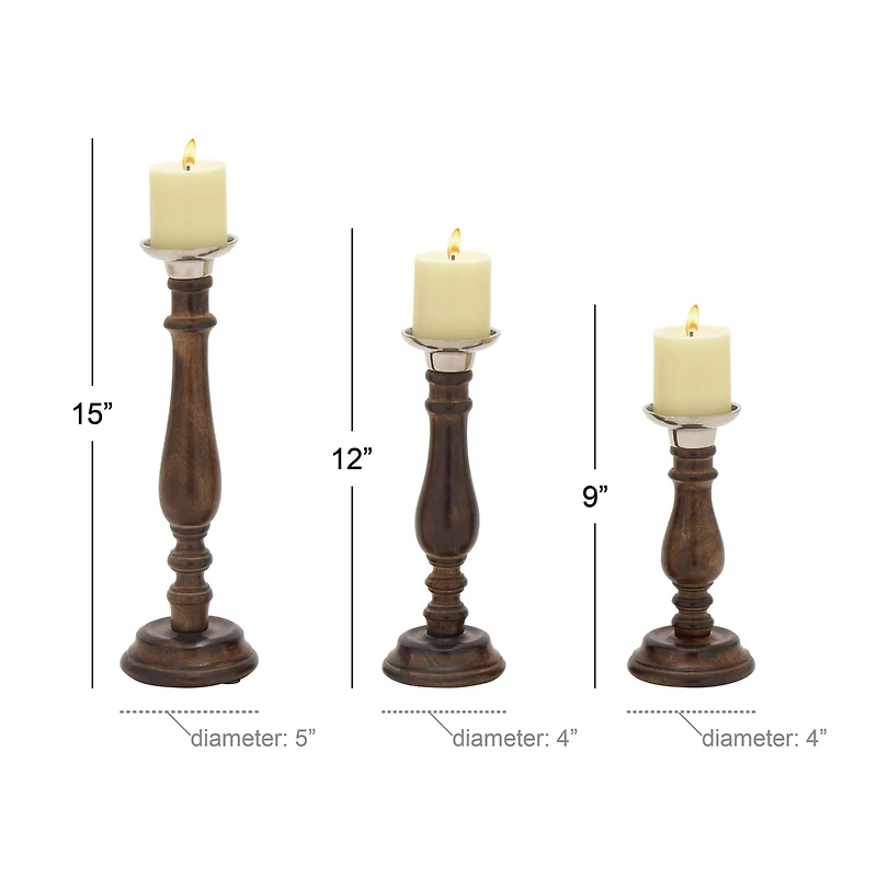 Dark Brown Mango Wood Traditional Candle Holder Set