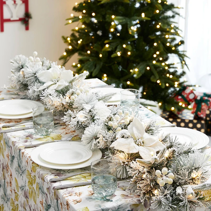 Glitzhome® 6ft. Pre-Lit Flocked Pine & White Poinsettia Christmas Garlands with Timers, 2ct.