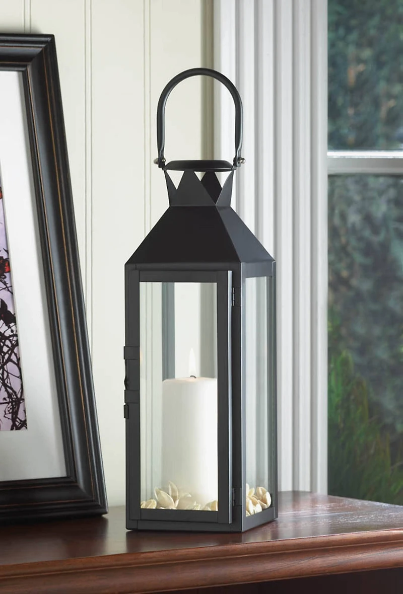 15" Sleek Black Metal Manhattan Candle Lantern with Handle