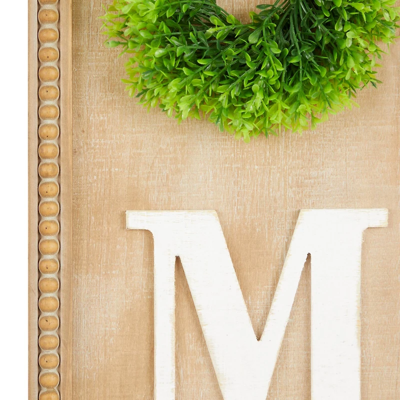 3.5ft. Light Brown Decorative Sign with Beaded Frame and Green Wreath