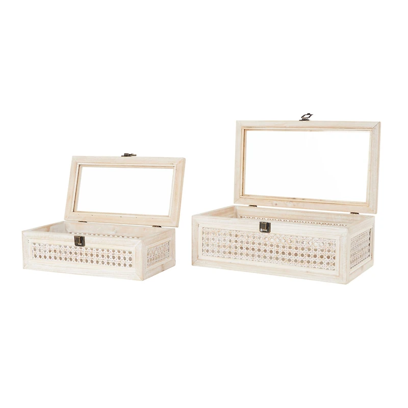 Cream Metal Handmade Woven Storage Box with Bronze Latches & Tempered Glass Tops Set