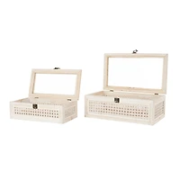 Cream Metal Handmade Woven Storage Box with Bronze Latches & Tempered Glass Tops Set