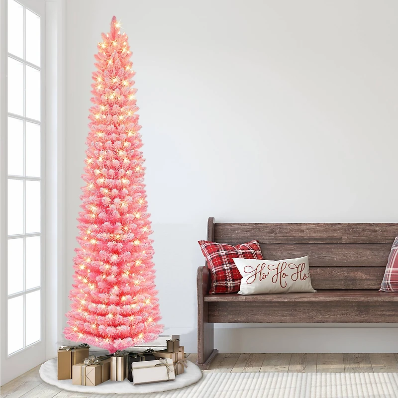 7.5ft. Pre-Lit Fashion Pink Flocked Artificial Christmas Tree, Clear Incandescent Lights