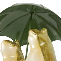 11" Bronze Frogs Sitting with Umbrella Sculpture