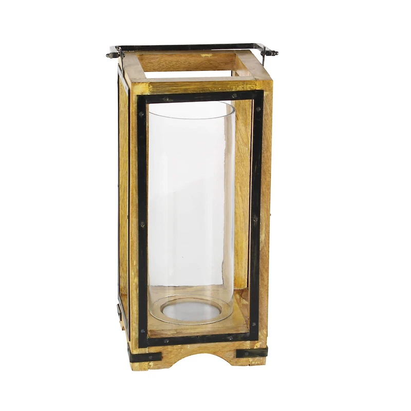 Natural Brown Mango Wood Traditional Candle Holder Lantern, 22" x 8" x 8"