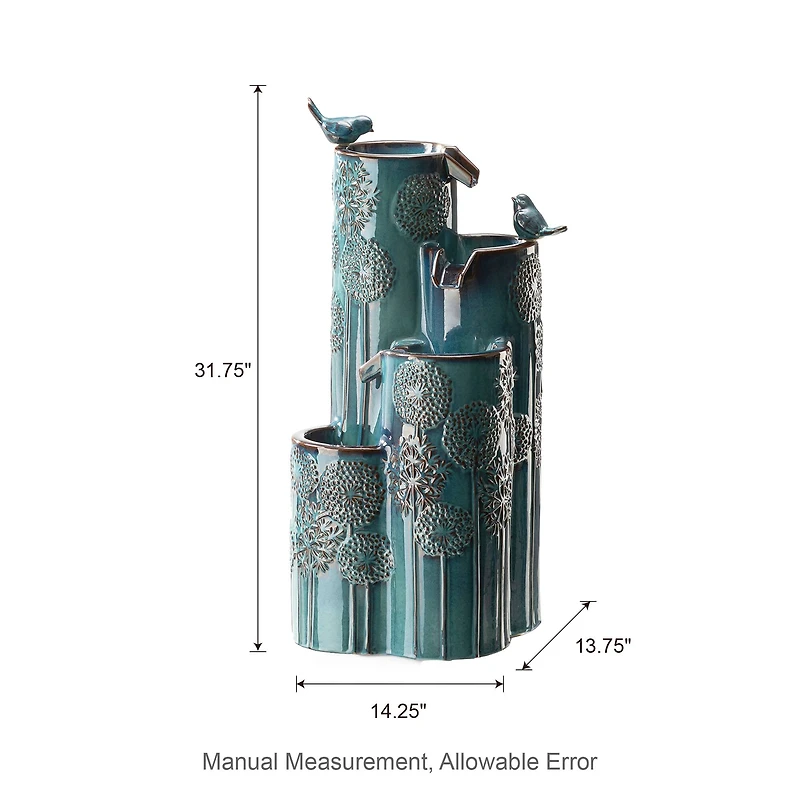 Glitzhome® 31.75" Turquoise 4-Tier Dandelion Texture Vase-Shaped Ceramic Outdoor Fountain with LED Light