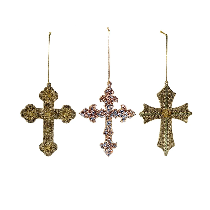 Hello Honey® 3 Pack 7" Gold & Silver Cross Acrylic Bead & Reclaimed Wood Ornaments