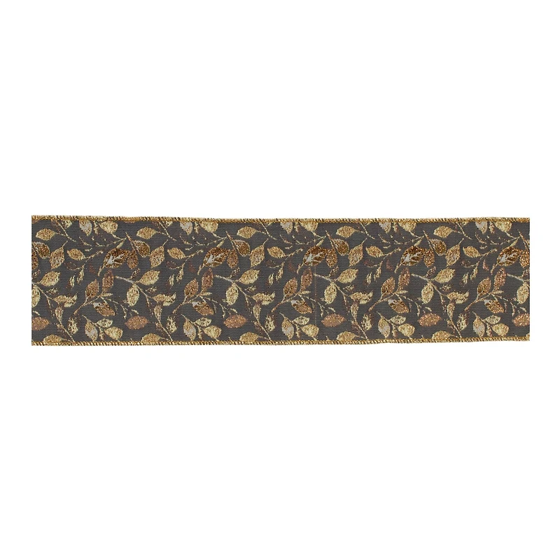 4" x 5yd. Gray & Gold Wired Leaf Print Ribbon