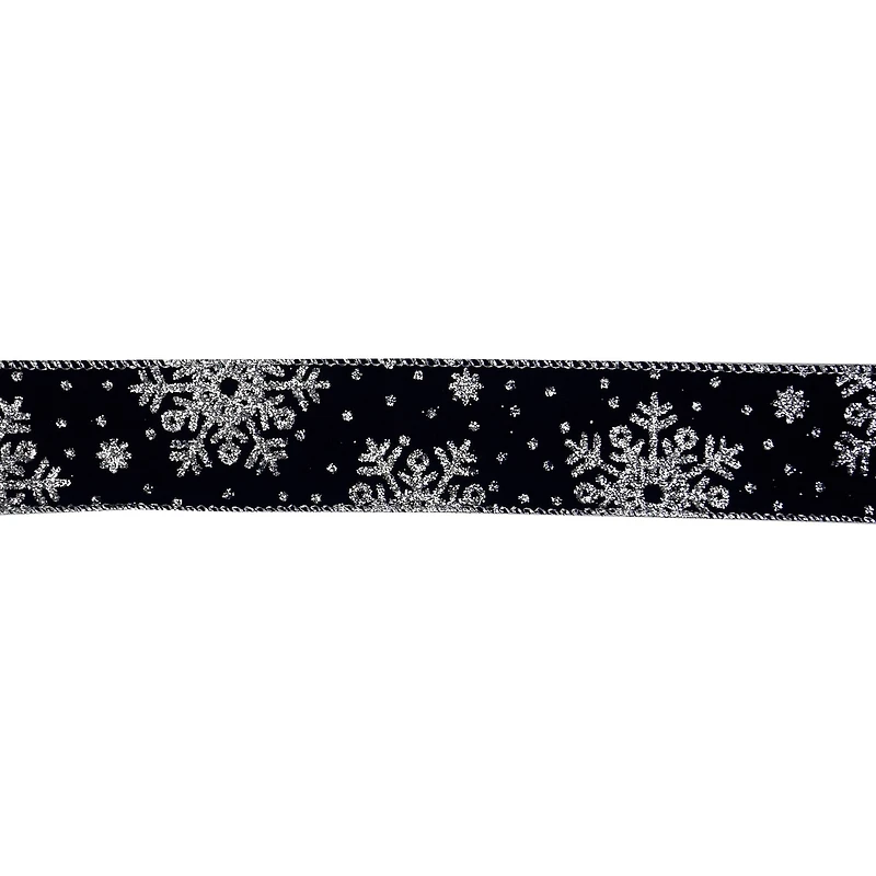 1.5" x 25ft. Navy & Silver Snowflake Wired Velvet Ribbon by Celebrate It®