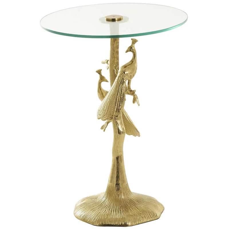 22.25" Gold Aluminum Peacock Textured Accent Table with Glass Tabletop