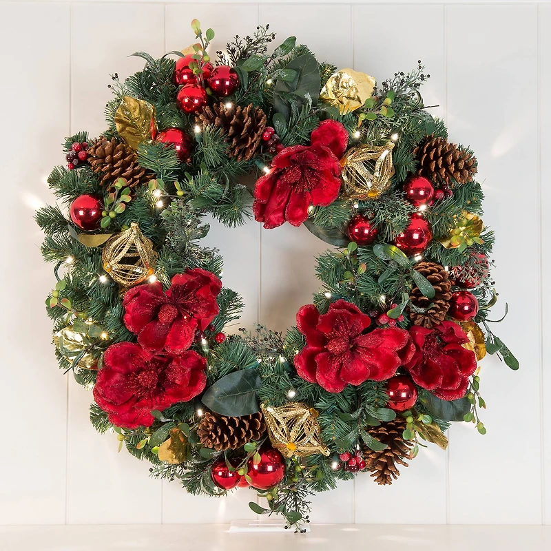 Village Lighting 30" Pre-Lit Red Magnolia Christmas Wreath, Clear LED Lights