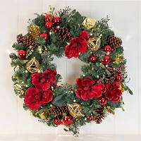 Village Lighting 30" Pre-Lit Red Magnolia Christmas Wreath, Clear LED Lights