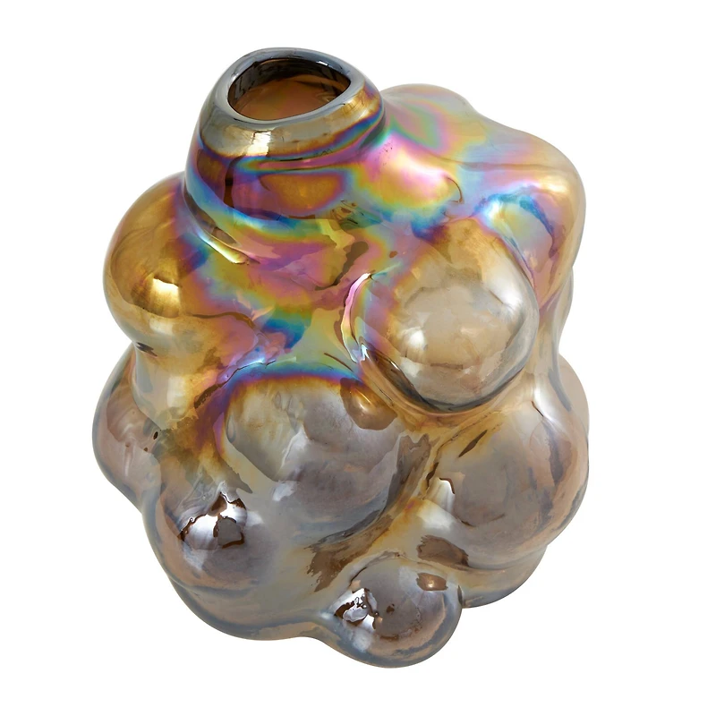 8" Iridescent Brown Abstract Handmade Bubble Glass Vase