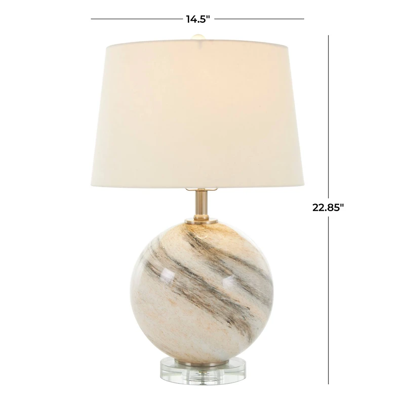 2ft. Beige Glass Round Accent Lamp with Marble Inspired Design & Gold Accents
