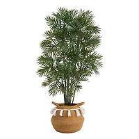 4ft. Parlor Palm Artificial Tree in Boho Chic Handmade Natural Cotton Woven Planter with Tassels