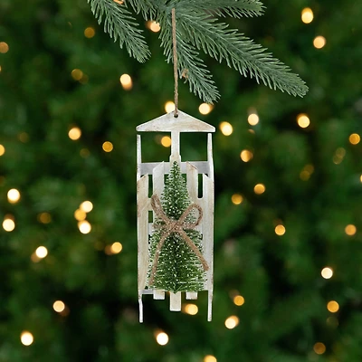 Tree on Wood Sled Christmas Ornament - 9" - White