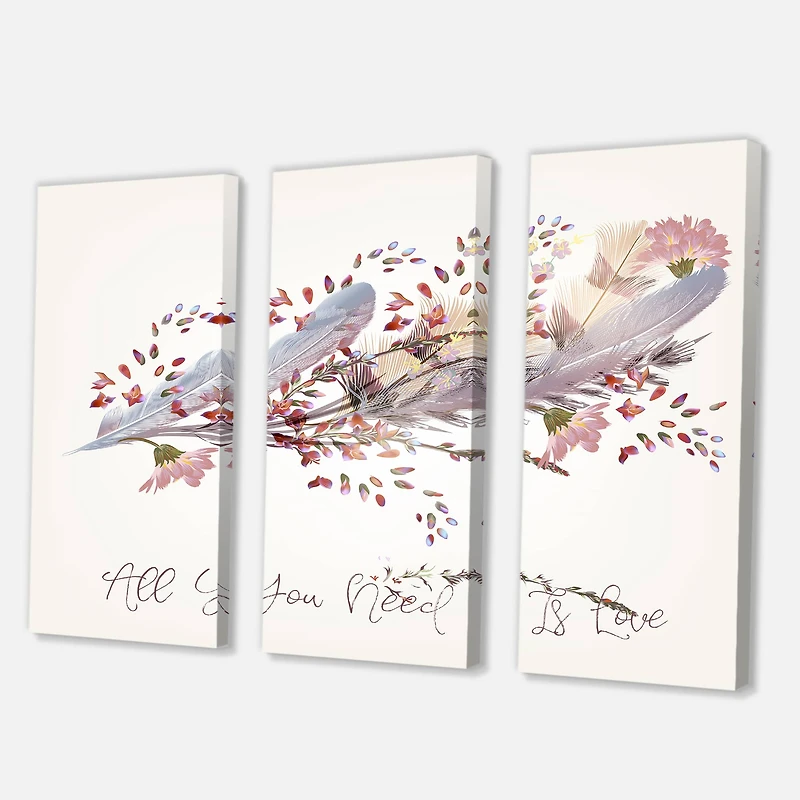 Designart - Pink Feathers and Bird All You Need Is Love