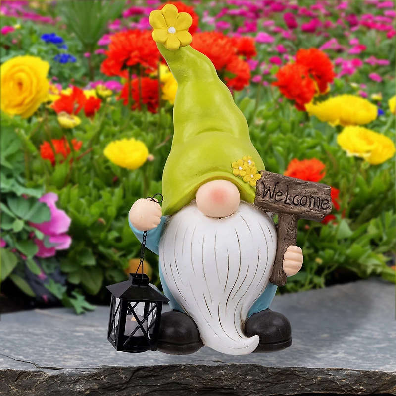 17.75" Welcome Gnome with Lantern Outdoor Garden Statue