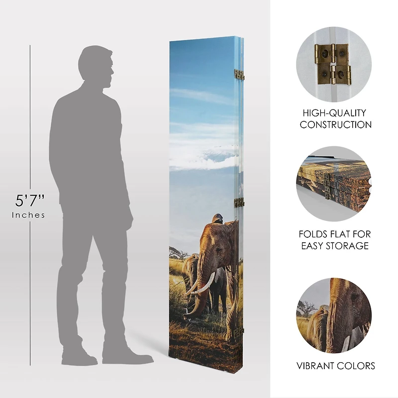 American Art Decor™ 6ft. Double-Sided 4-Panel African Elephants & Zebras Animals Canvas Privacy Screen