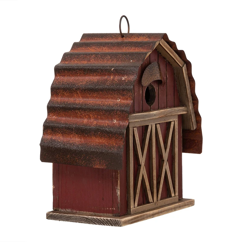 Glitzhome® 10" Hanging Wooden Red Barn Garden Birdhouse