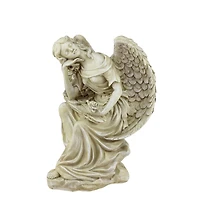 12" Almond Brown Daydreaming Angel with Rose Garden Statue