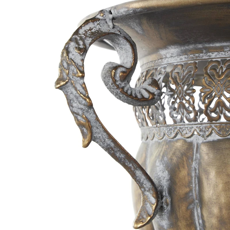 12" Bronze Hammered Urn-Shaped Metal Vase with Cut Out Details