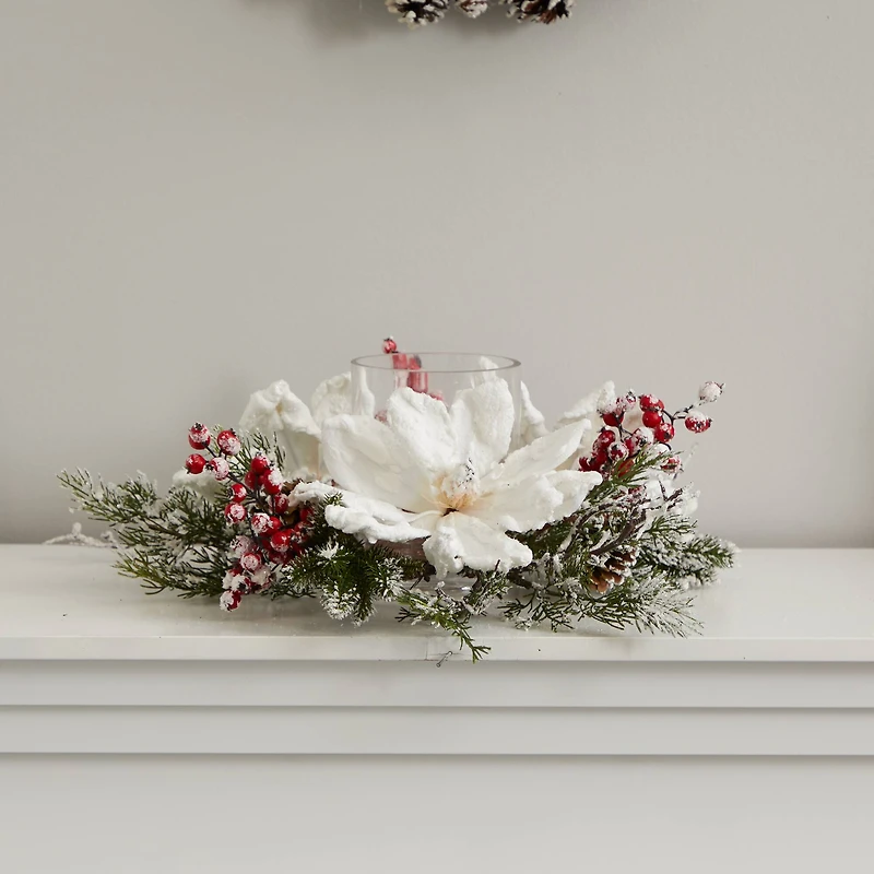 17" Frosted Magnolia & Berry Artificial Arrangement Candelabrum
