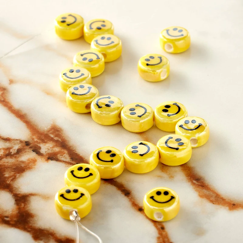 Yellow Ceramic Smiley Face Beads, 10mm by Bead Landing™
