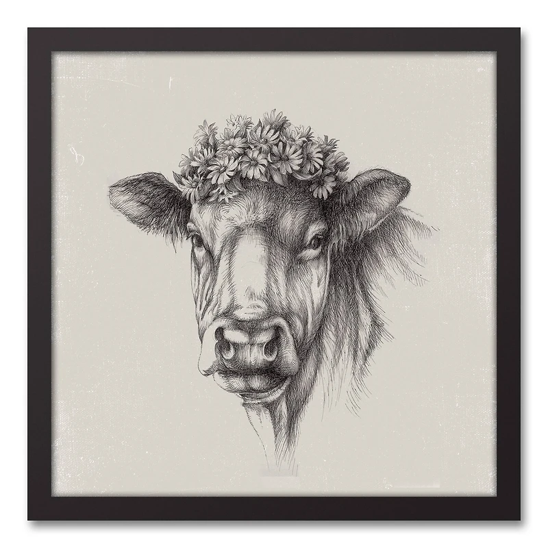 Cow Sketch 17.73" x 17.73" Black Framed Canvas