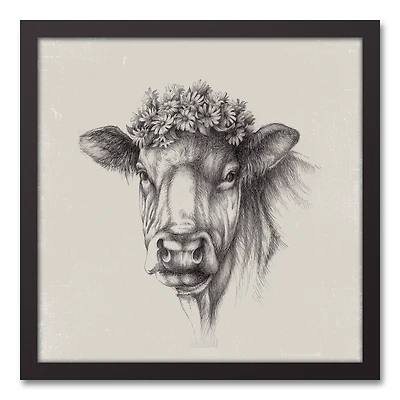 Cow Sketch 17.73" x 17.73" Black Framed Canvas