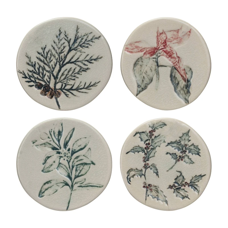 Hello Honey® 4" Debossed Seasonal Botanicals Round Stoneware Coaster Set