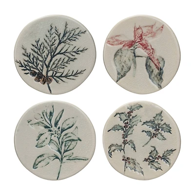 Hello Honey® 4" Debossed Seasonal Botanicals Round Stoneware Coaster Set