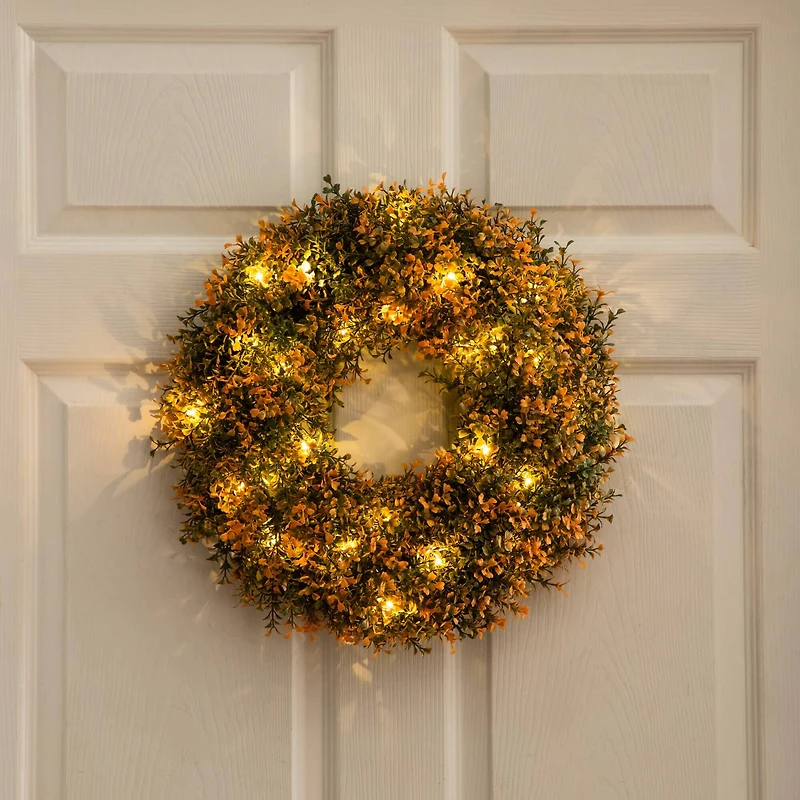 18in. Pre-Lit Autumn Boxwood Artificial Fall Wreath with 25 Warm White LED Lights