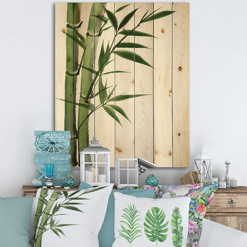 Designart - Detail of Dark Green Bamboo I - Traditional Print on Natural Pine Wood