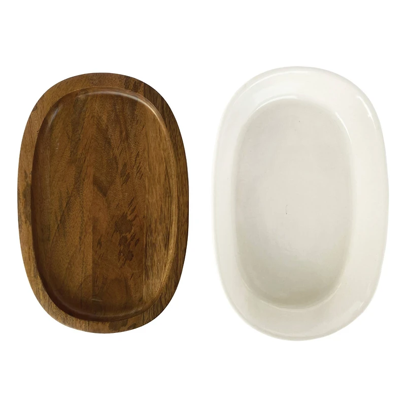 Hello Honey® 13" Cream Stoneware Serving Dish with Natural Mango Wood Base