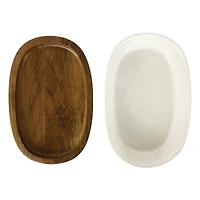 Hello Honey® 13" Cream Stoneware Serving Dish with Natural Mango Wood Base