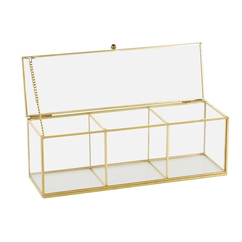 10" x 4" x 4" Clear & Gold 3-Slot Glass & Metal Slim Rectangular Jewelry Box with Chain Accent