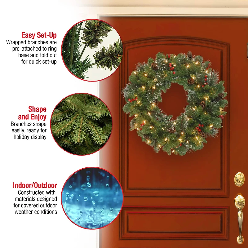 30" Crestwood® Spruce Wreath with Pine Cones, Red Berries, Glitter & Clear Lights