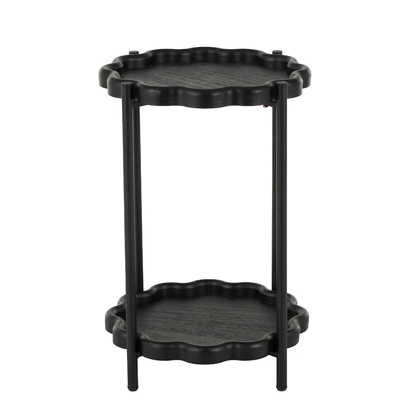 23.75" Black Wood Floral Inspired 2-Level Side End Accent Table with Metal Legs