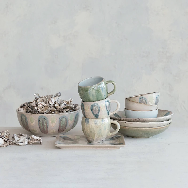 Hello Honey® 5" Green, Tan & Blue Geometric Harmony Stoneware Bowls Set