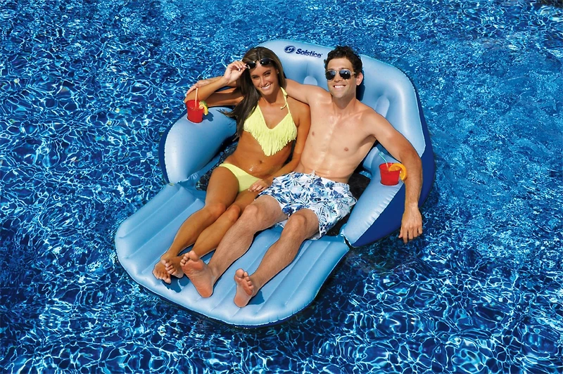 6ft. Inflatable Blue Love Seat Swimming Pool Float with Convertible Footrest