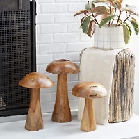 Brown Teak Wood Mushroom Sculpture Set